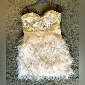 Bebe Feathered Party Dress with Gold Embellishments